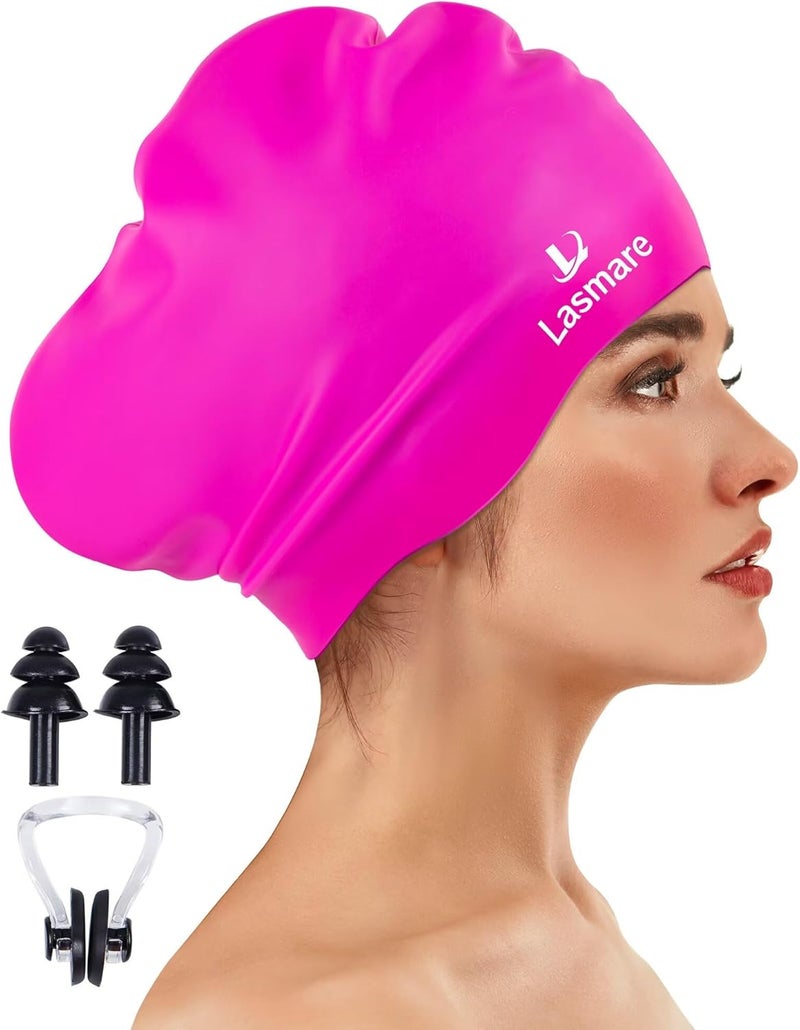 Lasmare قبعة سباحة كبيرة للشعر الطويل مع مساحة إضافية للنساء والرجال، قبعة سباحة سيليكون للشعر الطويل والكثيف مع مجموعة سدادات أذن ومشبك أنف، قبعات سباحة مائية للبالغين للحفاظ على الشعر جاف - Image 1